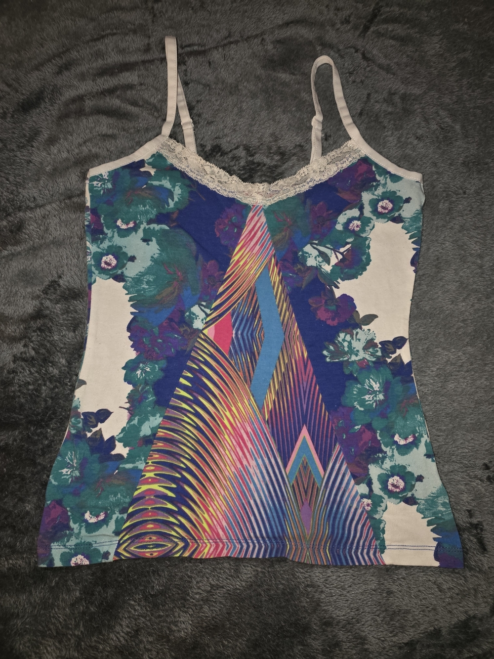BONGO Multicolor Floral & Geometric Lace-Trim Cami - Teal/Purple/Pink